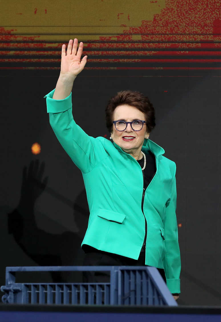 Billie Jean King waves during the opening night ceremony at Arthur Ashe Stadium on day one of the 2019 US Open at the USTA Billie Jean King National Tennis Center on August 26, 2019 Elsa/Getty Images