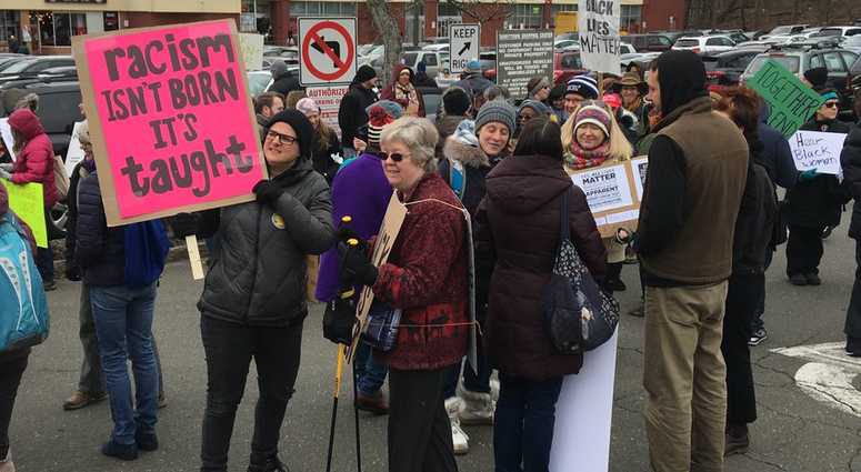 Folks gather in Tarrytown, ny in preparation for March across Mario Cuomo bridge. Though most marchers are white, organizers say the rally is for black and transgender people to highlight the issues that affect them in the suburbs and in rural areas. Folks gather in Tarrytown, ny in preparation for March across Mario Cuomo bridge. Though most marchers are white, organizers say the rally is for black and transgender people to highlight the issues that affect them in the suburbs and in rural areas.