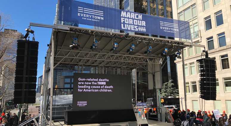 A stage erected for the 'March For Our Lives' rally in New York City. A stage erected for the 'March For Our Lives' rally in New York City.