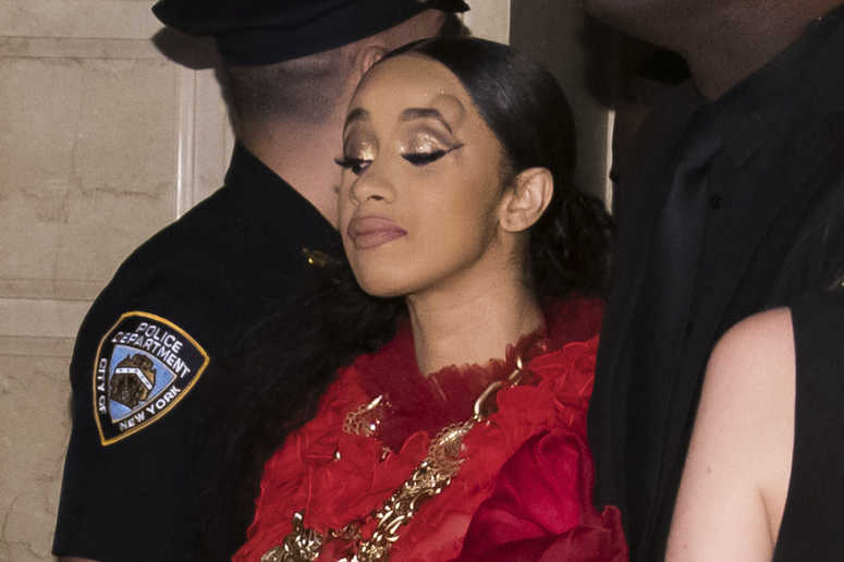 Cardi B, with a bump on her forehead, leaves after an altercation at the Harper's BAZAAR "ICONS by Carine Roitfeld" party at The Plaza on Friday, Sept. 7, 2018, New York. Cardi B