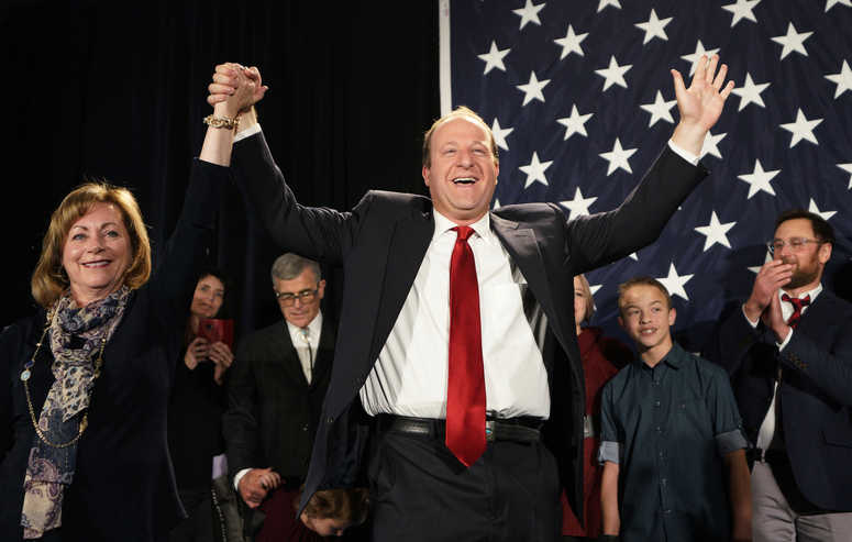 Democratic Colorado Governor-elect Jared Polis arrives onstage with running mate Dianne Primavera on November 6, 2018 in Denver, Colorado. (Photo by Rick T. Wilking/Getty Images)