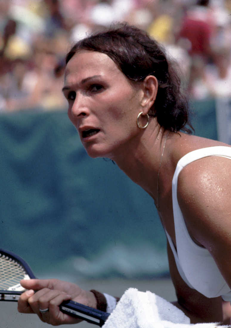Tennis player Renee Richards on the tennis court, July 1977. (Photo by Gaffney/Liaison)