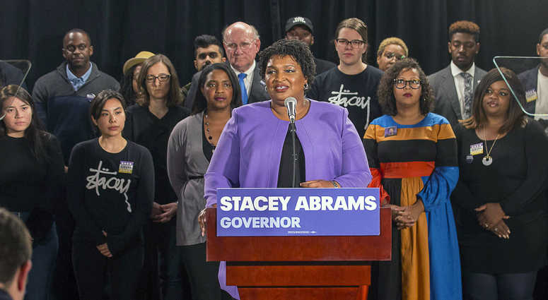 Georgia gubernatorial candidate Stacey Abrams makes remarks during a press conference at the Abrams Headquarters in Atlanta, Friday, Nov. 16, 2018. Stacey Abrams