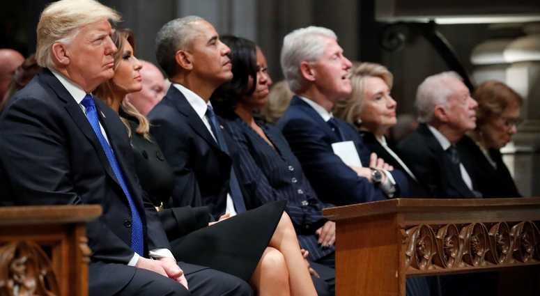 From left, President Donald Trump, first lady Melania Trump, former President Barack Obama, Michelle Obama, former President Bill Clinton, former Secretary of State Hillary Clinton, and former President Jimmy Carter. George H.W. Bush