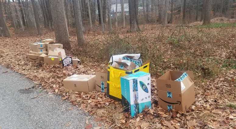 Amazon packages found dumped on the side of the road in Harding, N.J. Amazon packages found dumped on the side of the road in Harding, N.J.