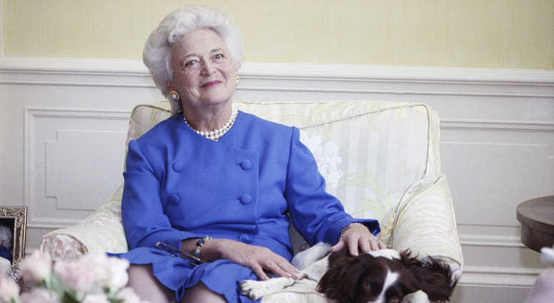 In this 1990 file photo, first lady Barbara Bush poses with her dog Millie in Washington. A family spokesman said Tuesday, April 17, 2018, that former first lady Barbara Bush has died at the age of 92. In this 1990 file photo, first lady Barbara Bush poses with her dog Millie in Washington. A family spokesman said Tuesday, April 17, 2018, that former first lady Barbara Bush has died at the age of 92.