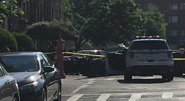 The aftermath of a chase and shooting in Sunset Park, Brooklyn. The aftermath of a chase and shooting in Sunset Park, Brooklyn.