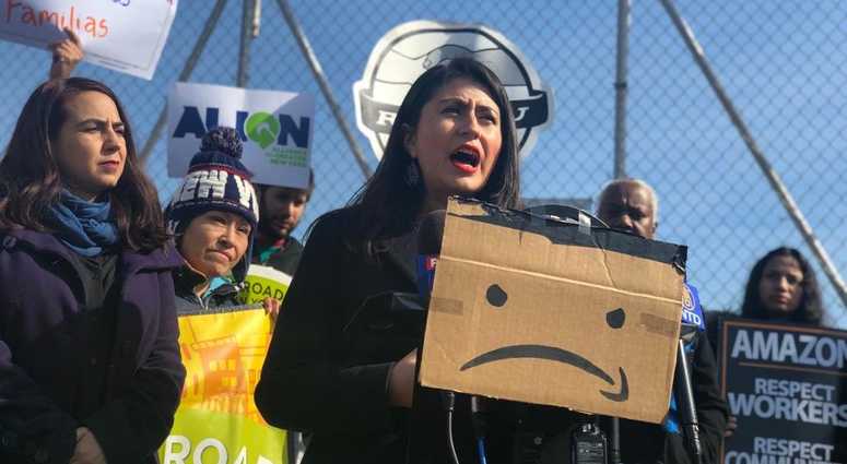 State Sen. Jessica Ramos at Thursday's protest in Woodside. Amazon protest Woodside
