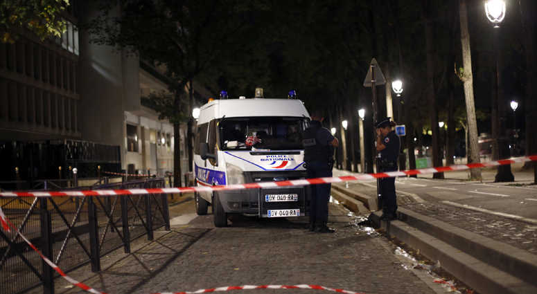 An evidence is seen at the site of a knife attack in Paris, Monday, Sept. 10, 2018. A several people were injured in a knife attack in central Paris late Sunday but police said that terrorism was not suspected. An evidence is seen at the site of a knife attack in Paris, Monday, Sept. 10, 2018. A several people were injured in a knife attack in central Paris late Sunday but police said that terrorism was not suspected.