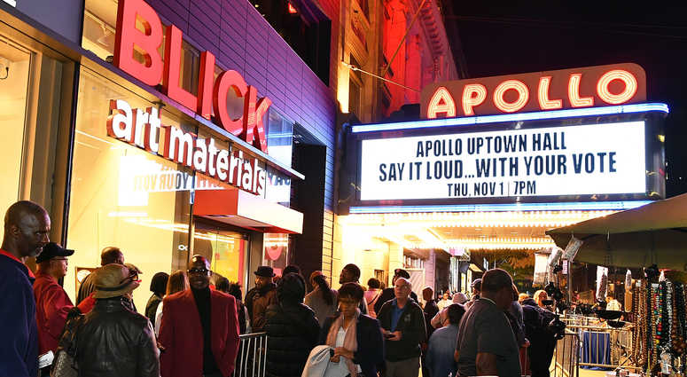 The exterior view of Apollo Theater during SiriusXM's 'Say It Loud...With Your Vote' Midterm Election Special from the World famous Apollo Theater on November 1, 2018 in New York City. Apollo Theater