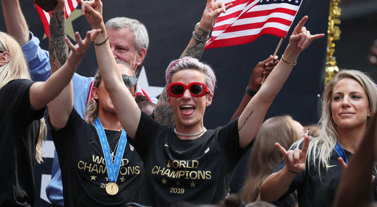 Megan Rapinoe celebrates during the U.S. Women's National Soccer Team Victory Parade and City Hall Ceremony on July 10, 2019 in New York City Megan Rapinoe celebrates during the U.S. Women's National Soccer Team Victory Parade and City Hall Ceremony on July 10, 2019 in New York City