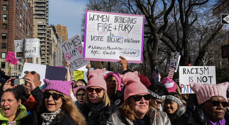 People participate in the Women's March on January 20, 2018 in New York City. Women's March New York