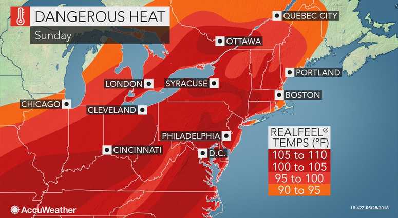 An AccuWeather map shows the heat wave coming to New York. heat wave