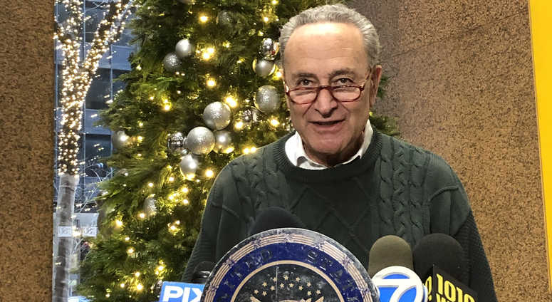 Sen. Schumer at a press conference Sunday. Schumer