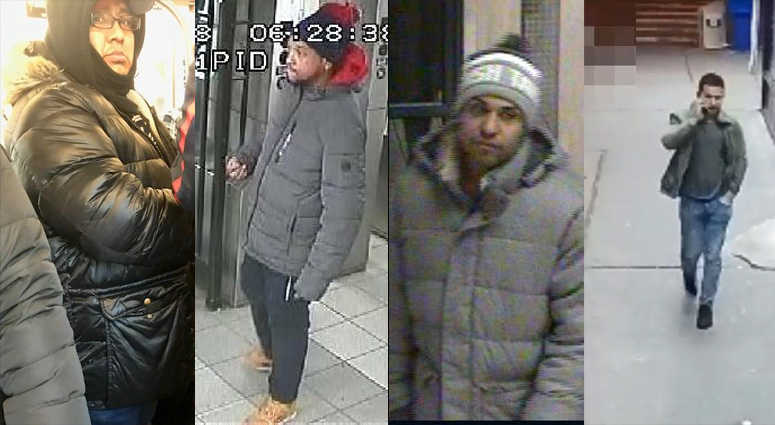The four suspects, from left to right: the Woodside suspect; the Harlem suspect; the Jackson Heights suspect; the Williamsburg suspect. groping suspects