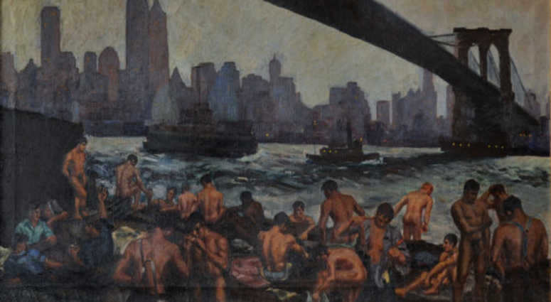 Edward Casey, Stevedores Bathing Under Brooklyn Bridge, 1939