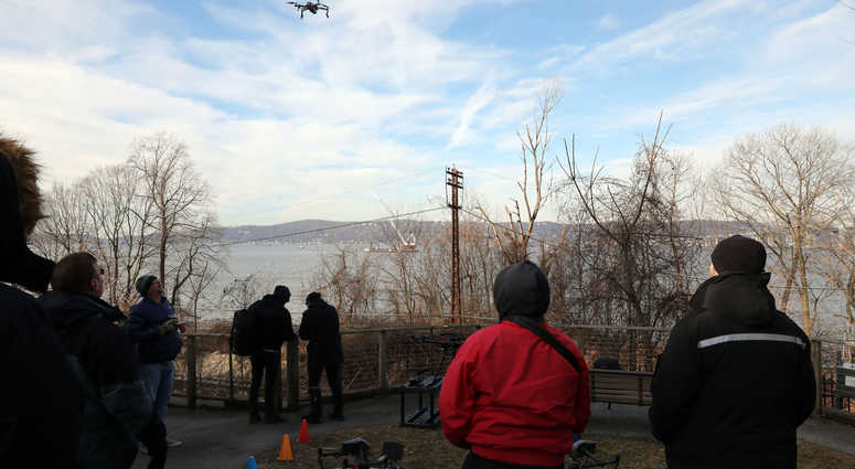 Drone photographers at the Riverwalk for the demolition of the eastern portion of the Tappan Zee Bridge Jan. 15, 2019 in Tarrytown. Tappan Zee Demolition
