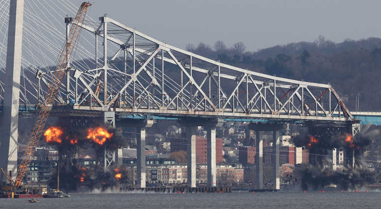 Demolition of the eastern structure of the Tappan Zee Bridge is taken down with controlled explosives on Tuesday, January 15, 2019. Tappan Zee Demolition