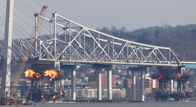 Demolition of the eastern structure of the Tappan Zee Bridge is taken down with controlled explosives on Tuesday, January 15, 2019. Tappan Zee Demolition