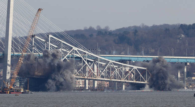 Demolition of the eastern structure of the Tappan Zee Bridge is taken down with controlled explosives on Tuesday, January 15, 2019. Tappan Zee Demolition