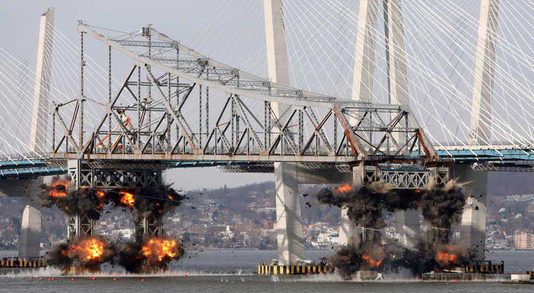 The eastern portion of the Tappan Zee Bridge is imploded with explosive devices Jan. 15, 2019 as seen from Tarrytown. Tappan Zee Bridge