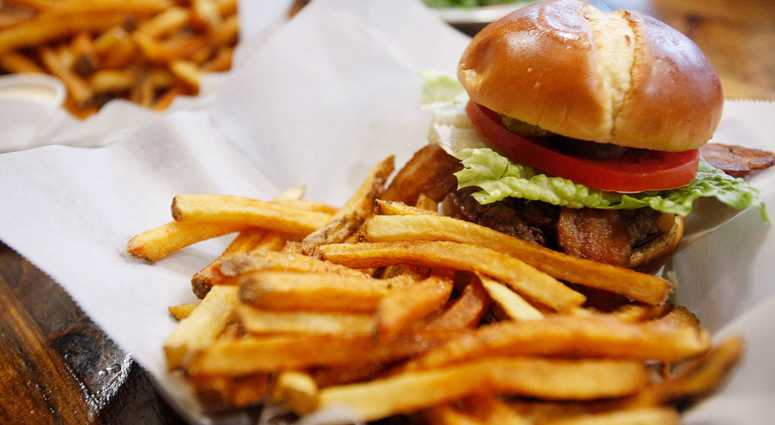 Hamburger and fries. Hamburger and fries.