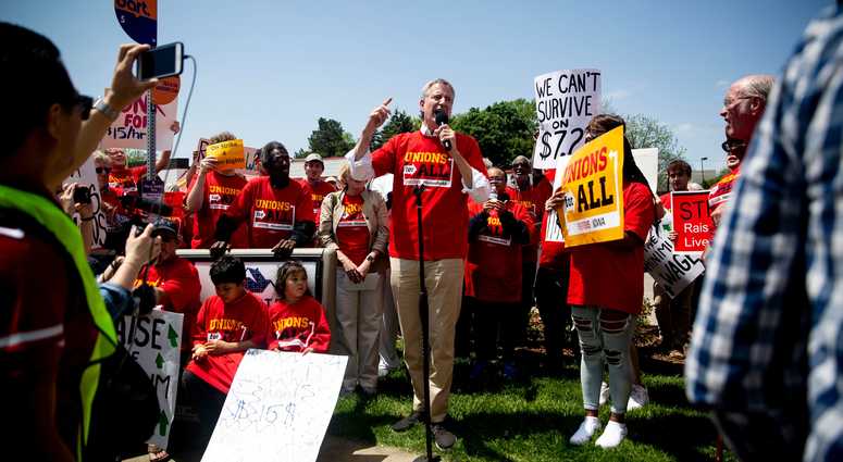 Bill de Blasio, Mayor of New York City, speaks to the crowd gathered outside of the McDonald's on Merle Hay Road on Thursday, May 23, 2019, rallying for a $15 minimum wage, in Des Moines. Bill de Blasio Iowa