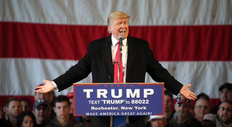 Donald Trump speaks at a rally in Rochester during his campaign for the Republican nomination for president. Donald Trump campaign