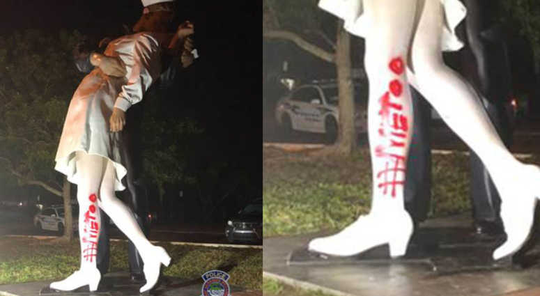 An 'Unconditional Surrender' statue in Sarasota, Florida was found vandalised on Tuesday morning. Unconditional Surrender vandalised