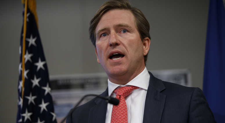 Christopher Krebs, undersecretary of the Department of Homeland Security's National Protection and Programs Directorate, speaks during a news conference on election cyber security, Friday, Oct. 19, 2018, in Arlington, Va.