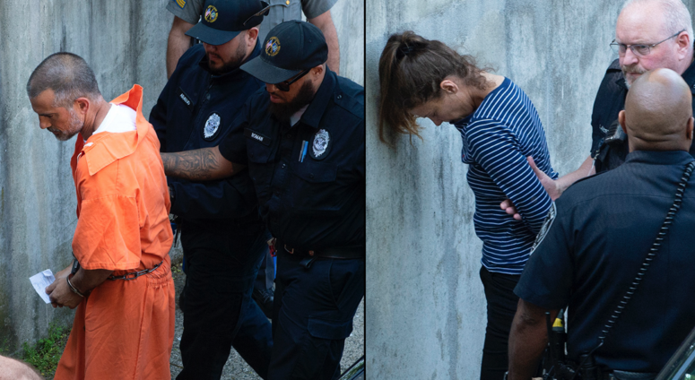 Fotis Dulos, 51, and his girlfriend, Michelle Troconis, 44, are led into Norwalk Superior Court on Monday morning by judicial marshals and New Canaan and state police. Jennifer Dulos