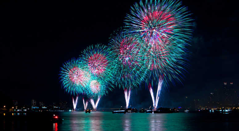 In 2018, the 42nd Annual Macy's 4th of July Fireworks Show illuminates the sky over the East River in New York City. In 2018, the 42nd Annual Macy's 4th of July Fireworks Show illuminates the sky over the East River in New York City.