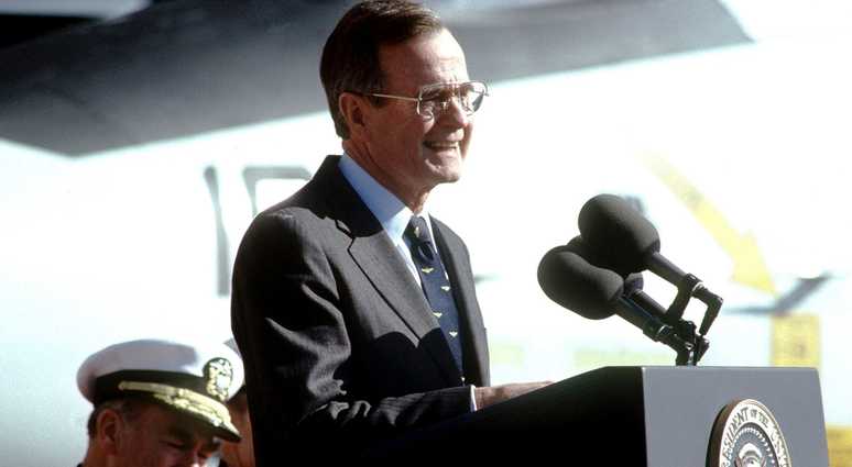 President George H.W. Bush delivers an address aboard the aircraft carrier USS AMERICA (CV 66). George H.W. Bush
