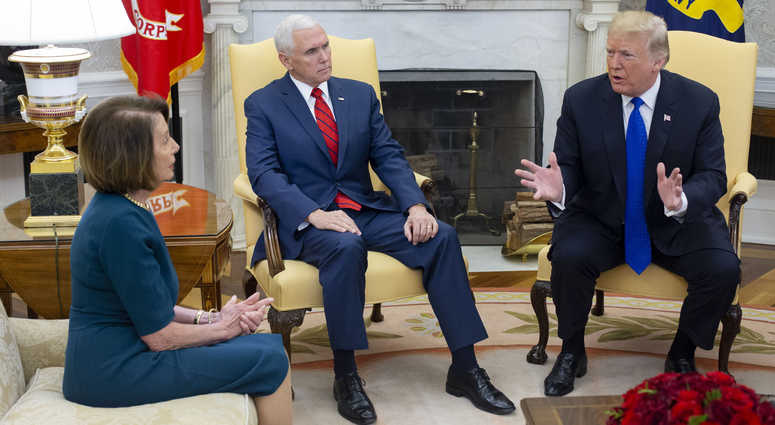 US President Donald J. Trump (R) and US Vice President Mike Pence (L) meet with US House Speaker-designate Nancy Pelosi (L) and US Senate Minority Leader Chuck Schumer (not pictured), in the Oval Office of the White House. Nancy Pelosi Donald Trump