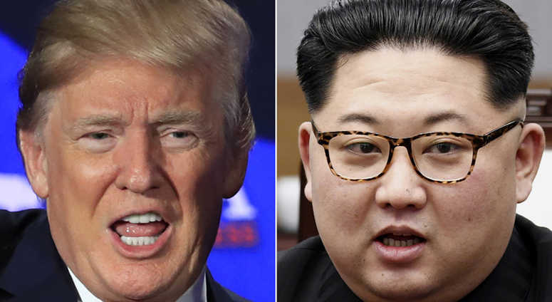 This combination of two file photos shows U.S. President Donald Trump, left, speaking during a roundtable discussion on tax cuts in Cleveland, Ohio, May 5, 2018 and North Korean leader Kim Jong Un, right, talking with South Korean President Moon Jae-in This combination of two file photos shows U.S. President Donald Trump, left, speaking during a roundtable discussion on tax cuts in Cleveland, Ohio, May 5, 2018 and North Korean leader Kim Jong Un, right, talking with South Korean President Moon Jae-in