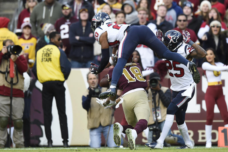 Justin Reid (20) and Kareem Jackson (25) break up a pass intended for Josh Doctson in the fourth quarter Josh_Doctson