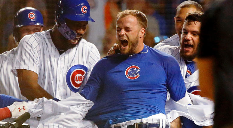 Cubs teammates celebrate David Bote's walk-off grand slam against the Nationals David_Bote_Grand_Slam