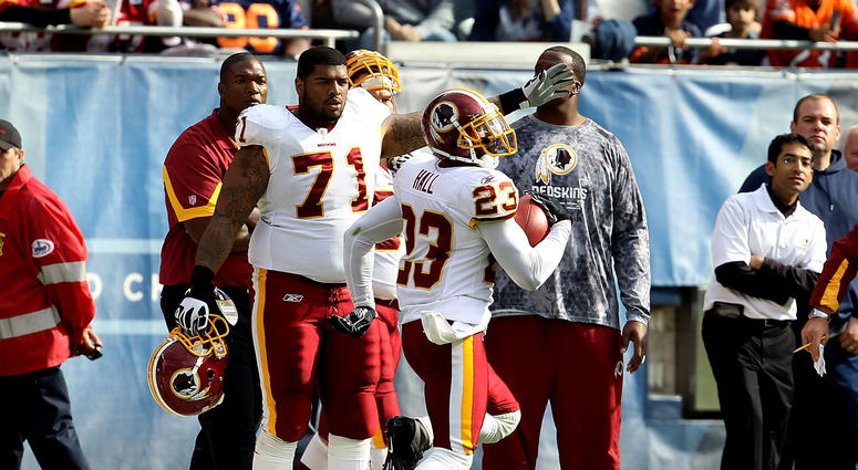 DeAngelo Hall runs for the end zone in a 4-interception game against the Bears in Oct. 2010 DeAngelo_Hall_4_interceptions