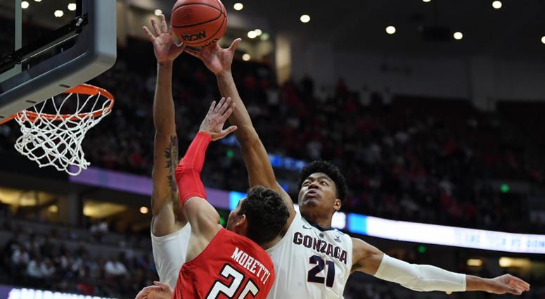 Gonzaga's Rui Hachimura blocks the shot of Davide Moretti of Texas Tech in the 2019 NCAA Men's Basketball Tournament West Regional Gonzaga's Rui Hachimura blocks the shot of Davide Moretti of Texas Tech in the 2019 NCAA Men's Basketball Tournament West Regional