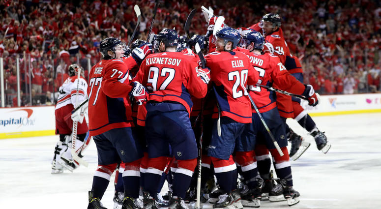 The Capitals celebrate an overtime win over the Carolina Hurricanes. Brooks_Orpik_Celebration