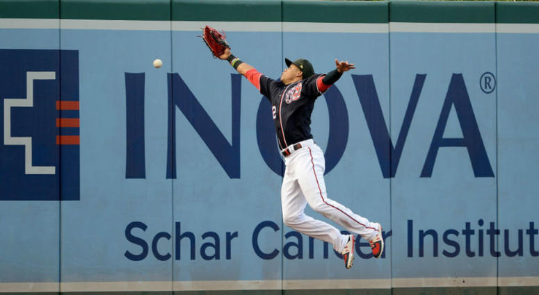 Nationals outfielder Juan Soto leaps, but can't make the catch. Washington Nationals continue to falter as pressure on management increases.