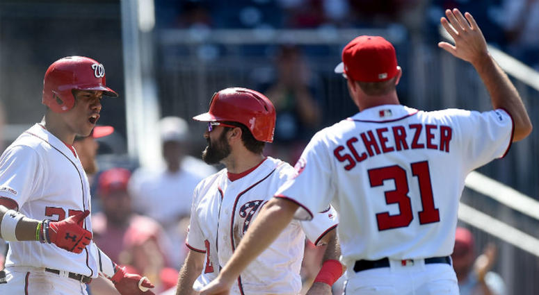 Max Scherzer celebrates Nationals win a bit too early. Max Scherzer celebrates Nationals win a bit too early.