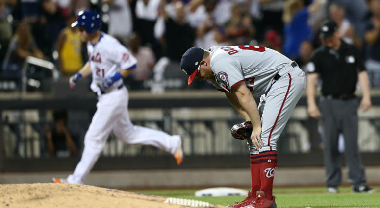 Sean Doolittle reacts after allowing a game-tying HR. It's déjà vu all over again for Sean Doolittle and Nationals bullpen vs. Mets.