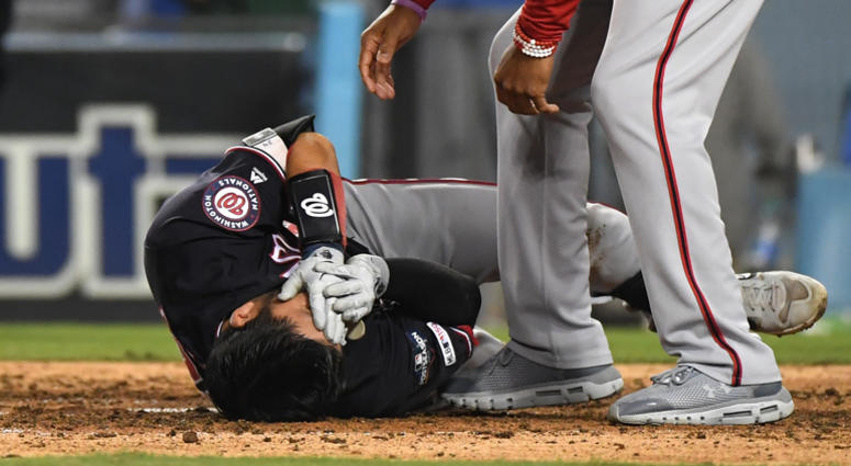 Nats’ Kurt Suzuki takes deflected pitch to face, leaves Game 5 Nats’ Kurt Suzuki takes deflected pitch to face, leaves game