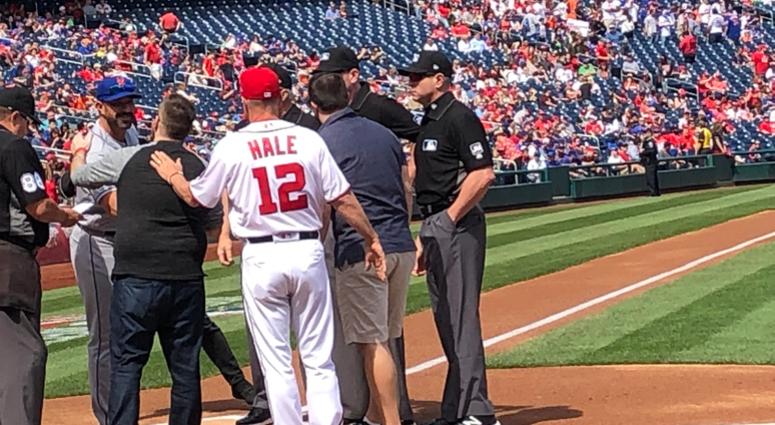 Grant Paulsen and Danny Rouhier exchange lineup cards at Nats Park. Grant Paulsen and Danny Rouhier exchange lineup cards at Nats Park.