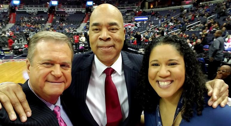 Wizards play-by-play announcer poses with his longtime broadcast partner, Phil Chenier (center), and his current partner, Kara Lawson (right), who took over Chenier's role in Oct. 2017. Steve Buckhantz could soon be out as Wizards announcer