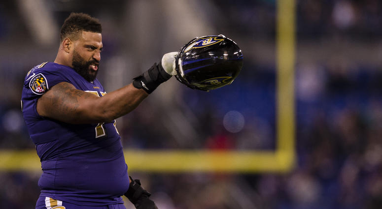 Austin Howard reacts after a play in an Oct. 2017 game for the Ravens Austin_Howard_Redskins