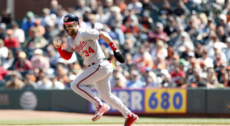 Bryce Harper heads for second against the San Francisco Giants. Bryce_Harper_Nationals