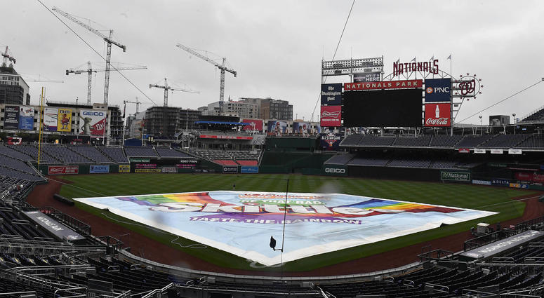 The Skittles tarp covers the field from rain at Nationals Park Nationals_Park_Rain_Delay
