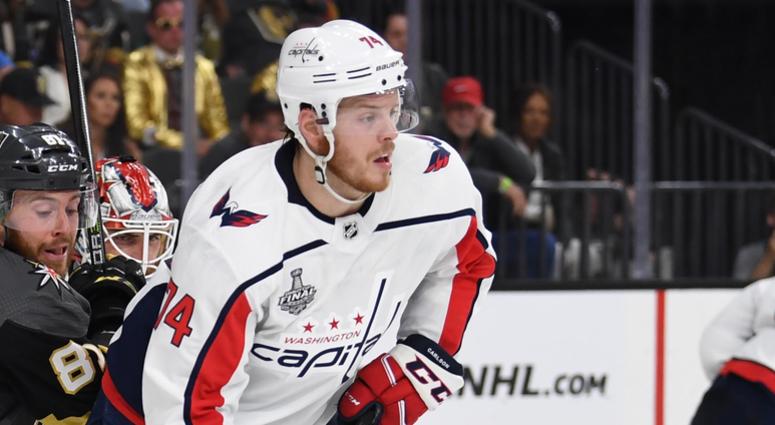 John Carlson carries the puck away from Jonathan Marchessault John_Carlson_Capitals_Golden Knights_Game 1